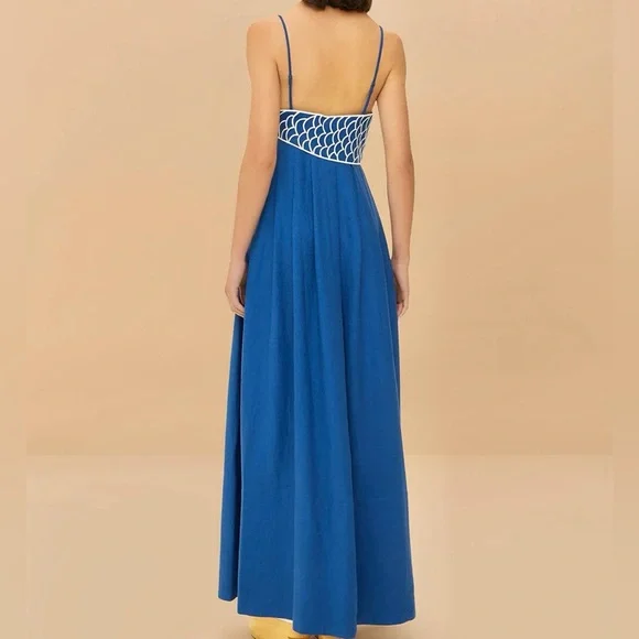 farm rio blue fish dress FARM Rio Blue Seahorse Embroidery One-Shoulder Euroflax Premium Linen Maxi Dress, Blue / M